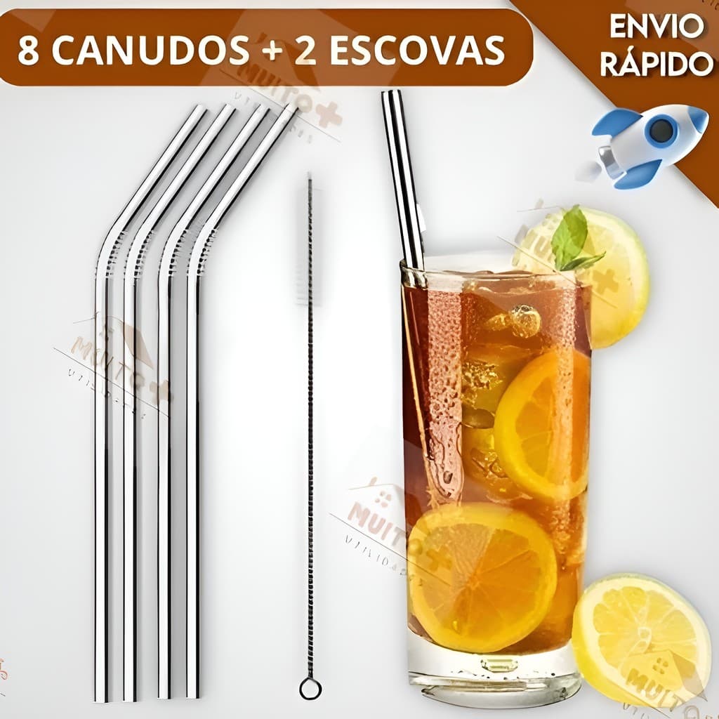 Kit 10 Peças Canudo Reto, Curvo e Escovinha Limpeza Aço Inox