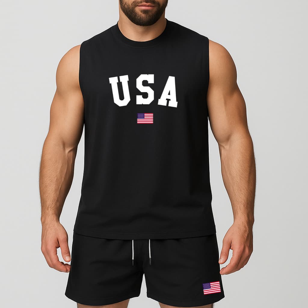 conjunto regata oversized e short de tactel de academia másculino estampada país usa bandeira