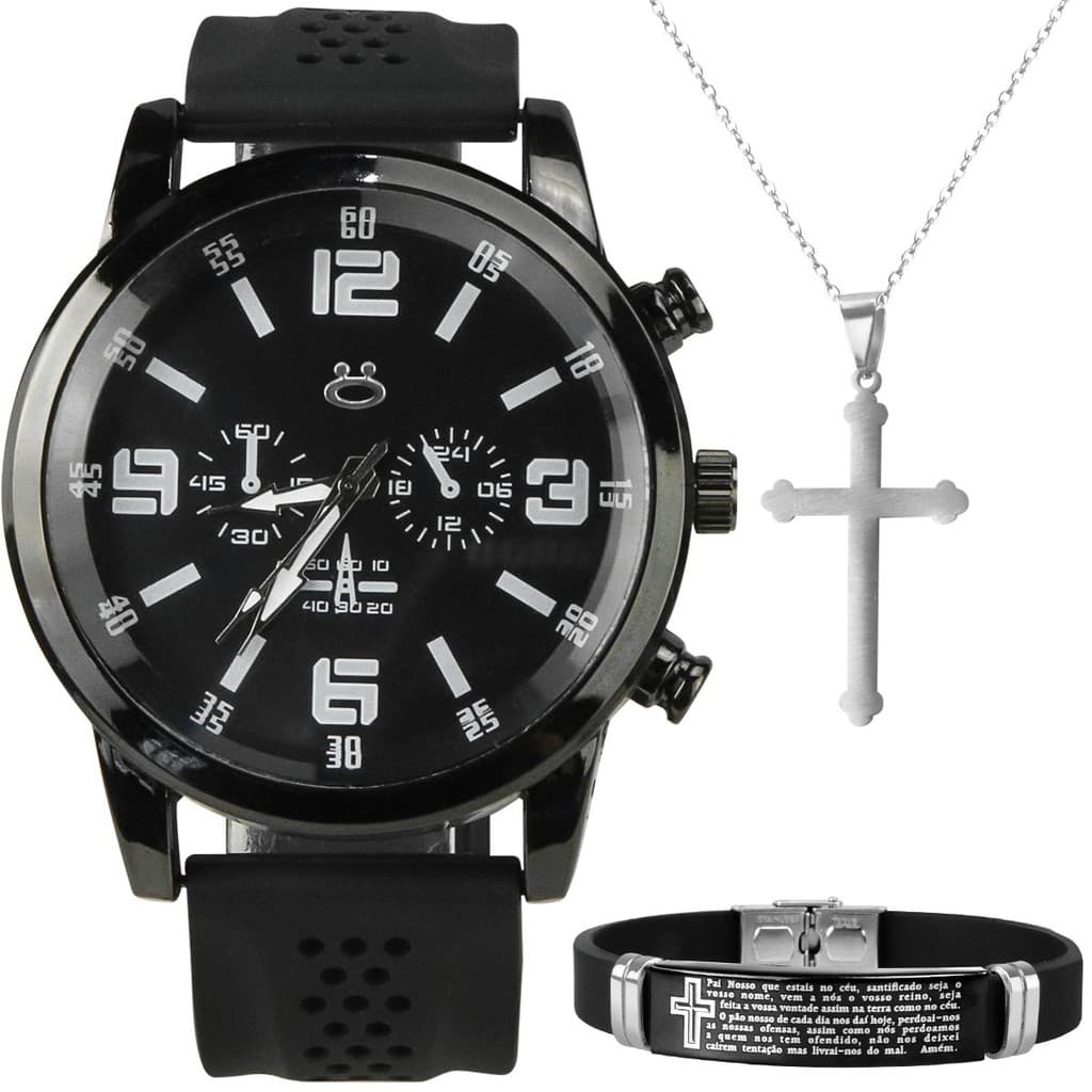 relogio masculino preto aço + colar crucifixo ponteiro religioso robusto ajustavel social original