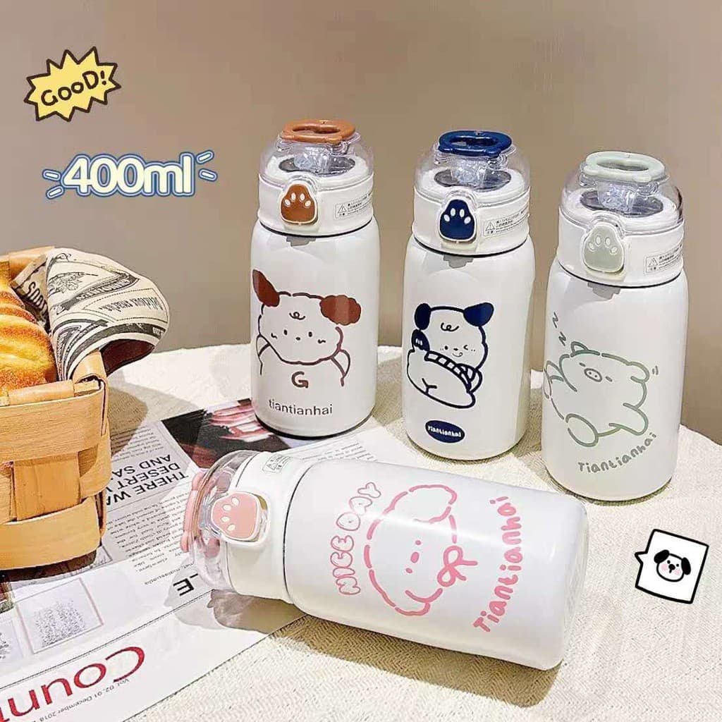 Garrafa Com Canudo Térmica Infantil Estampas Animais Aço Inox 400ml