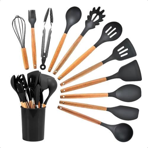 Kit Colheres Silicones 12 Peças Silicone C/ Suporte Bambu