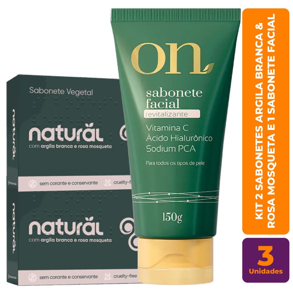 Kit c/ 2 Sabonete Argila Branca e Rosa Mosqueta e 1 Sabonete Vegano Facial ON Limpeza Profunda 150g - Orgânico Natural