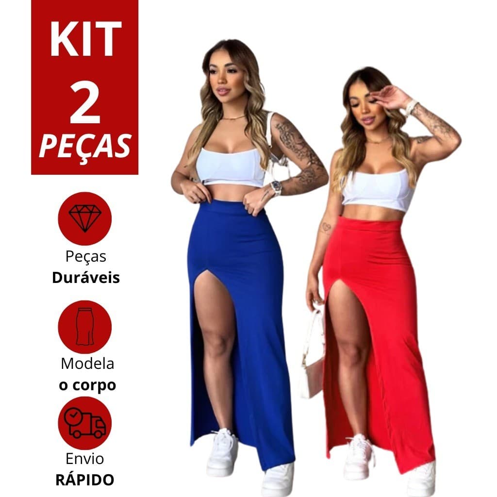 Kit 2 Saias Modinha com fenda Verão Sensual Suplex com Abertura Gringa Descolada Balada Cintura Alta