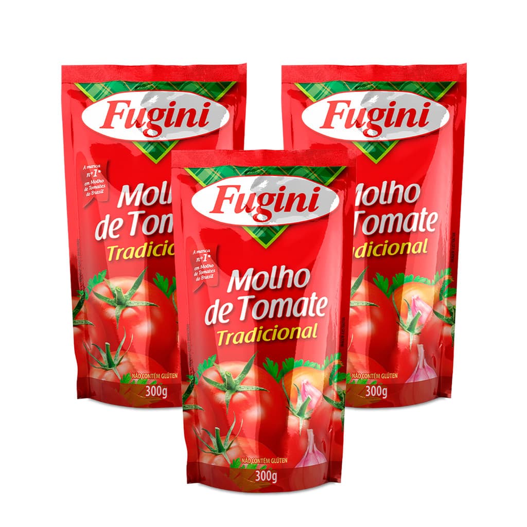 Kit 3 Molho de Tomate Pronto Tradicional Fugini Refogado Sache Sem Gluten 300g P/ Pizza Massa