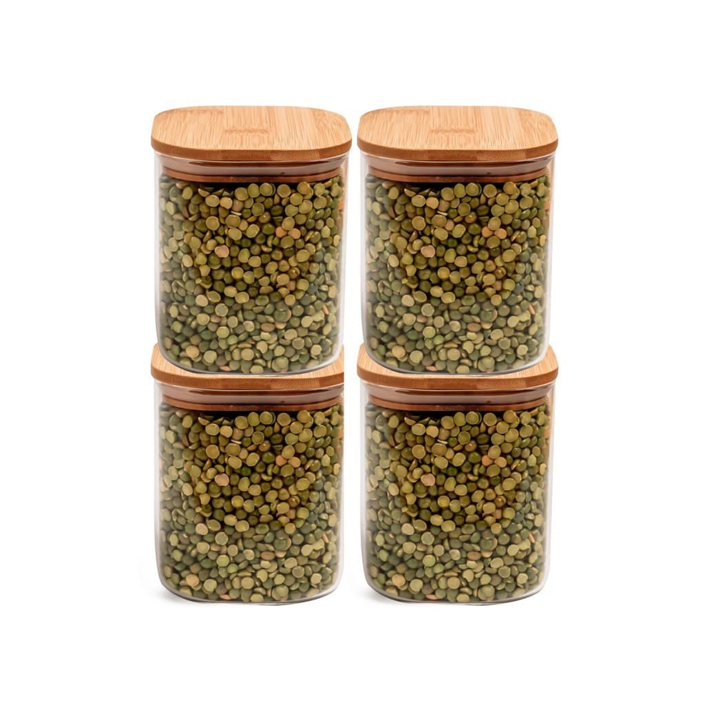 Kit 4 Pote Porta Condimentos Mantimentos Design Sofisticado Quadrado Tampa De Bambu Hermético 700ml