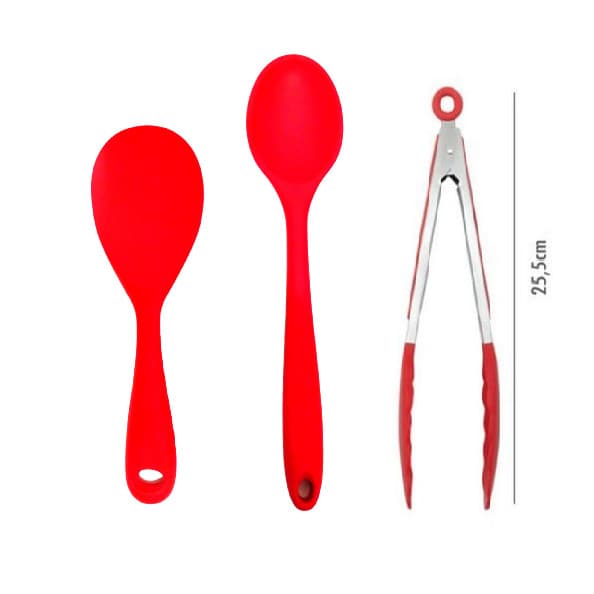 Kit de 3 Peças - Colher de Arroz 22,5cm e 27 m, Pinça 25,5cm em Silicone Vermelho Livre BPA UNYHOME