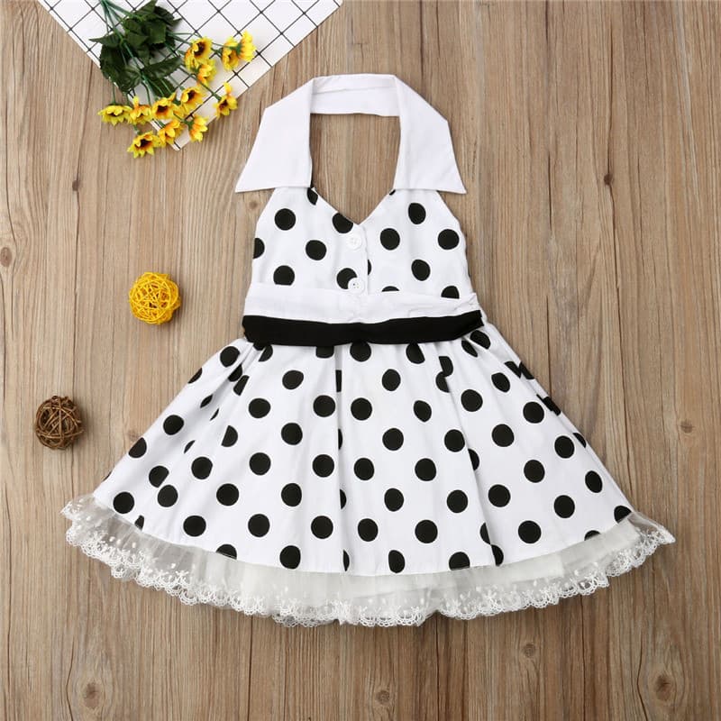 VESTIDO INFANTIL TEMÁTICO VINTAGE ANOS 50, 60, 70 BRANCO COM BOLINHAS PRETAS