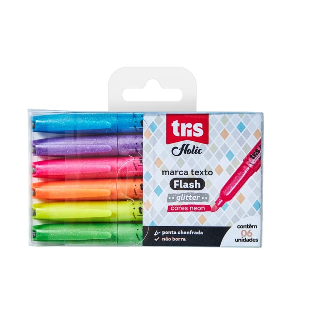 Marca Texto TRIS Flash Glitter com 6 Cores