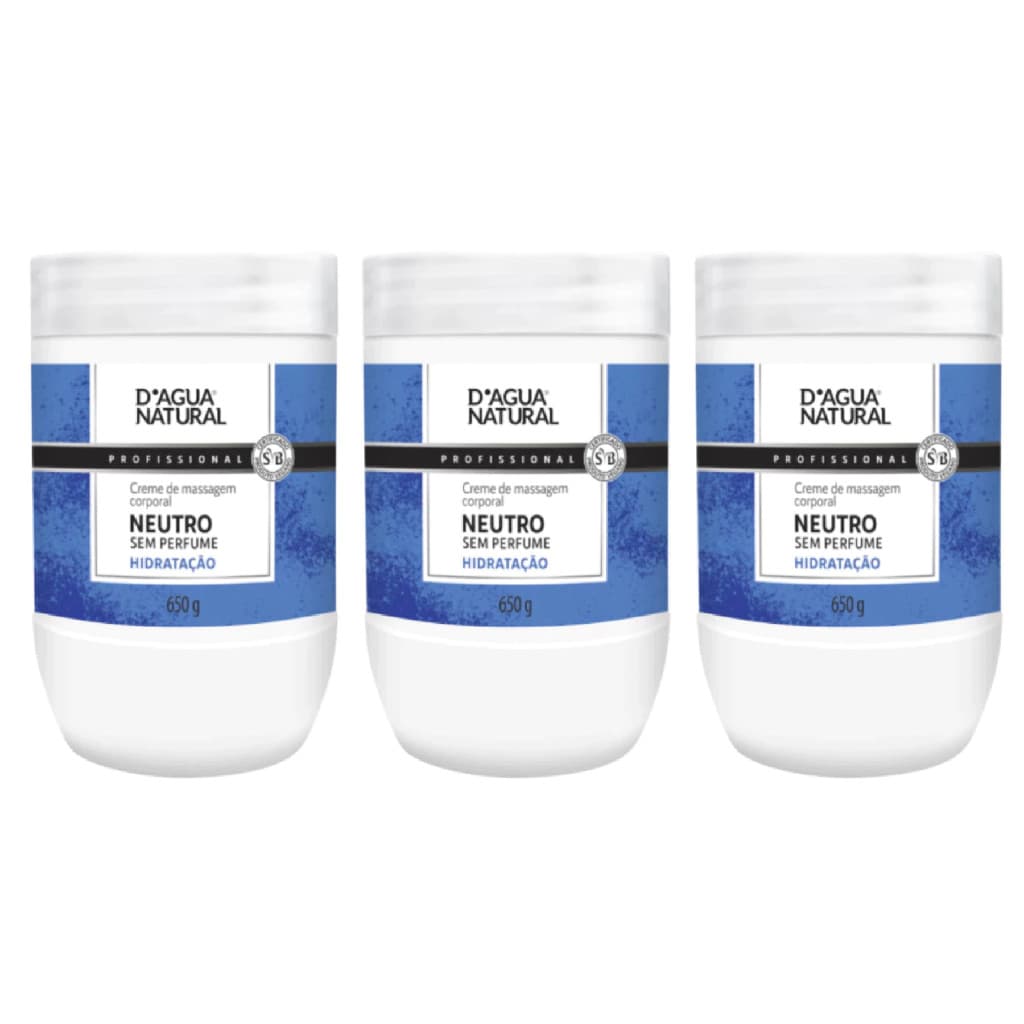 Creme Massagem Corporal Neutro Profissional D'agua Natural 650g Kit Com 3