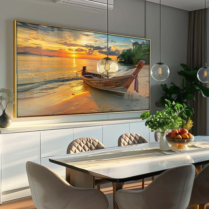 Quadro Decorativo 110x80cm Canoa na Praia  Hall da Luxo Sala Quarto Casa Decoração De Parede Mdf Adesivo