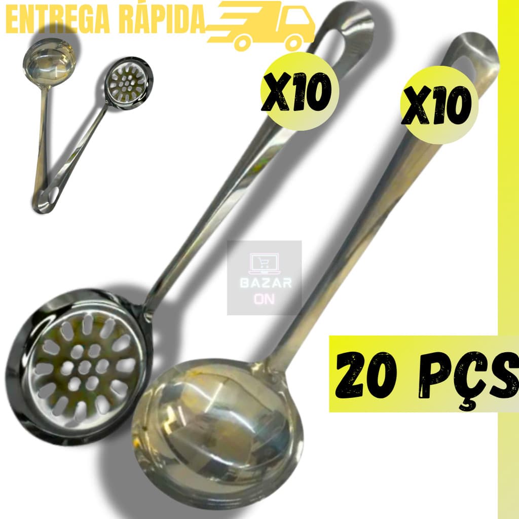 Kit 20 Peças Concha Feijão + Escumadeira de Arroz Fritura Completo Utensílios Aço Inox Jogo Cozinha