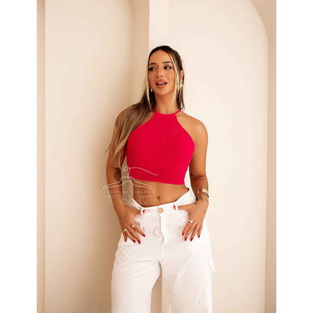Cropped Tricot Frente Unica Gola Alta Costa Nua Amarração Blusinha Regata Moda Feminina Blogueirinha