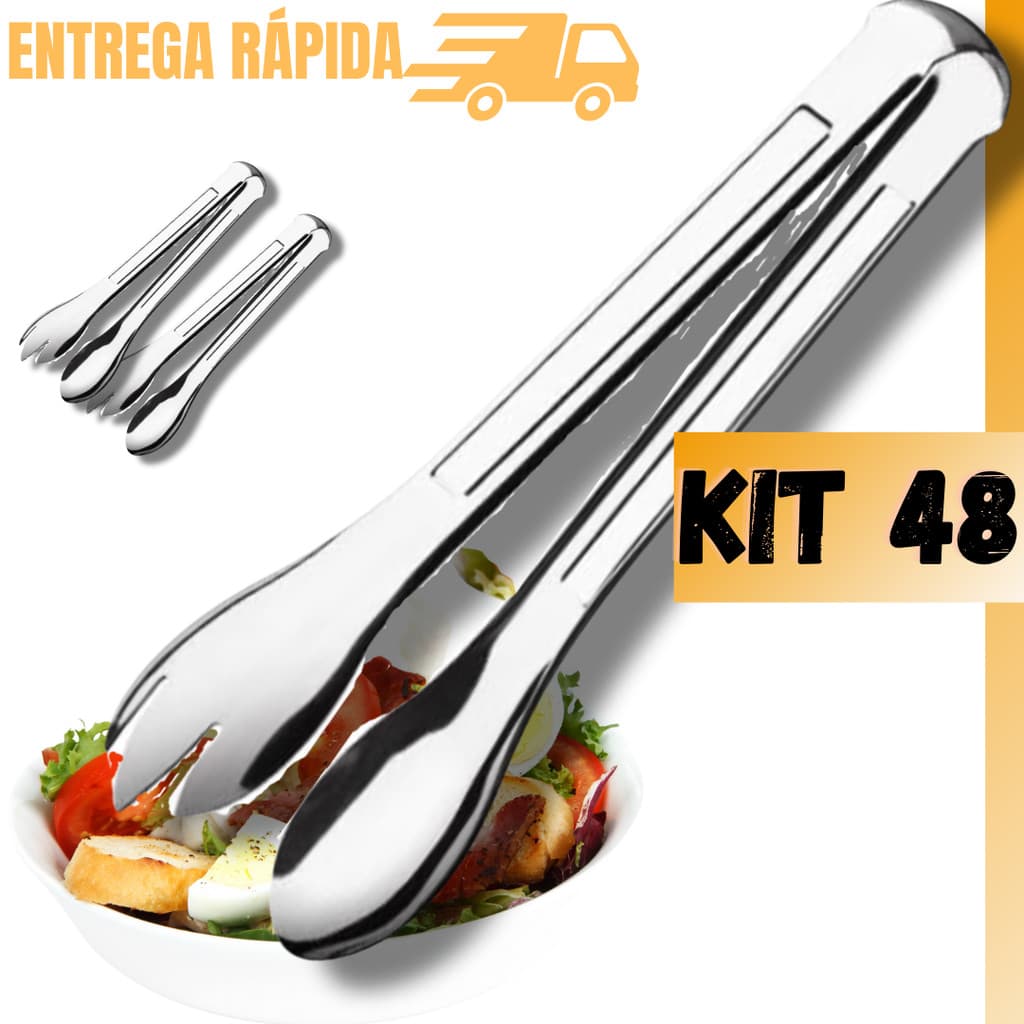 Jogo Kit 48 Pegadores Pinça Para Salada Multiuso Massas Macarrão Conjunto Completo Em Aço Inox