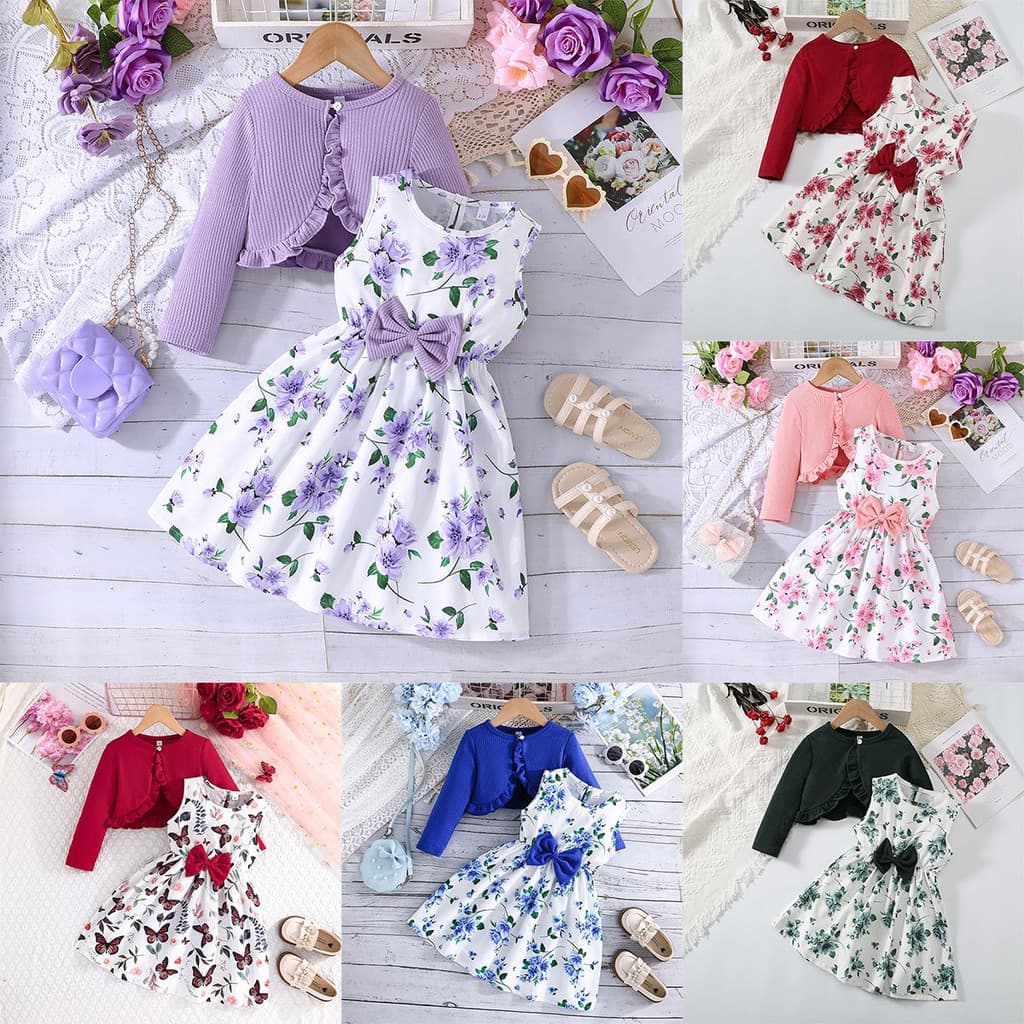 Conjunto 2 Peças Menina Cardigã Manga Longa + Vestido Sem Manga Flor Laço Presente Volta às Aulas e Natal 2-8 Anos Festa
