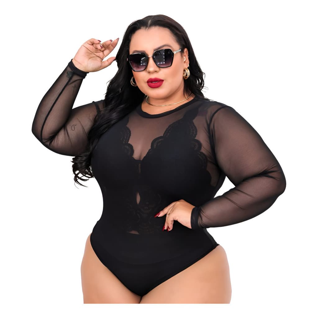 Body Plus Size Preto Manga Longa Tule + Cropped Rendado PLUS SIZE