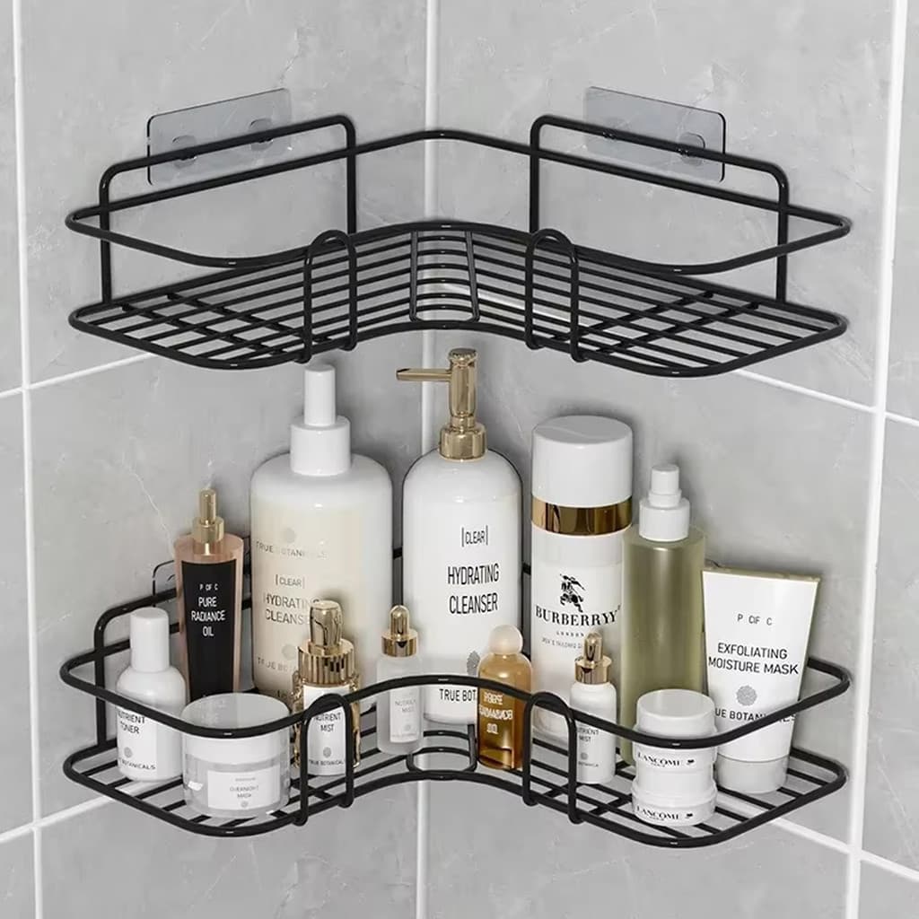 Kit 2 Porta Shampoo De Canto Adesivo Prateleira Banheiro Metal Preto Sem Furar Parede