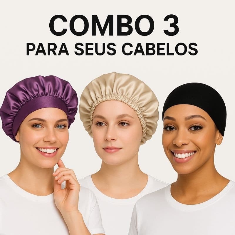 Combo 3 Cabelos, Touca Cetim com Faixa, Touca de Cetim e Touca Nero, Cores Sortidas