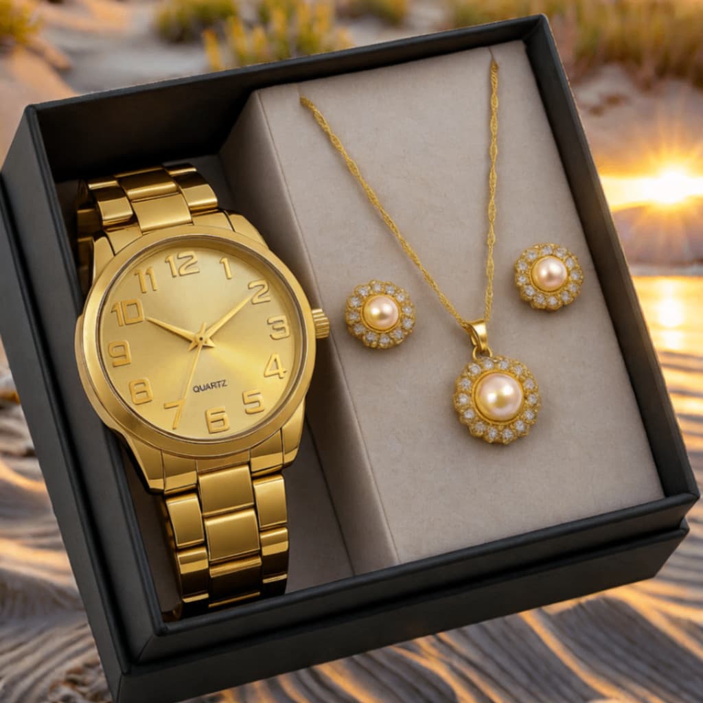 Kit Feminino Relógio Dourado Aço Inox Luxo + Colar e Brincos Elegantes Banhados a Ouro