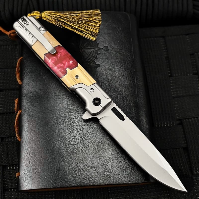 Canivete Tático 23cm Semi Automático Cabo Madeira com Resina