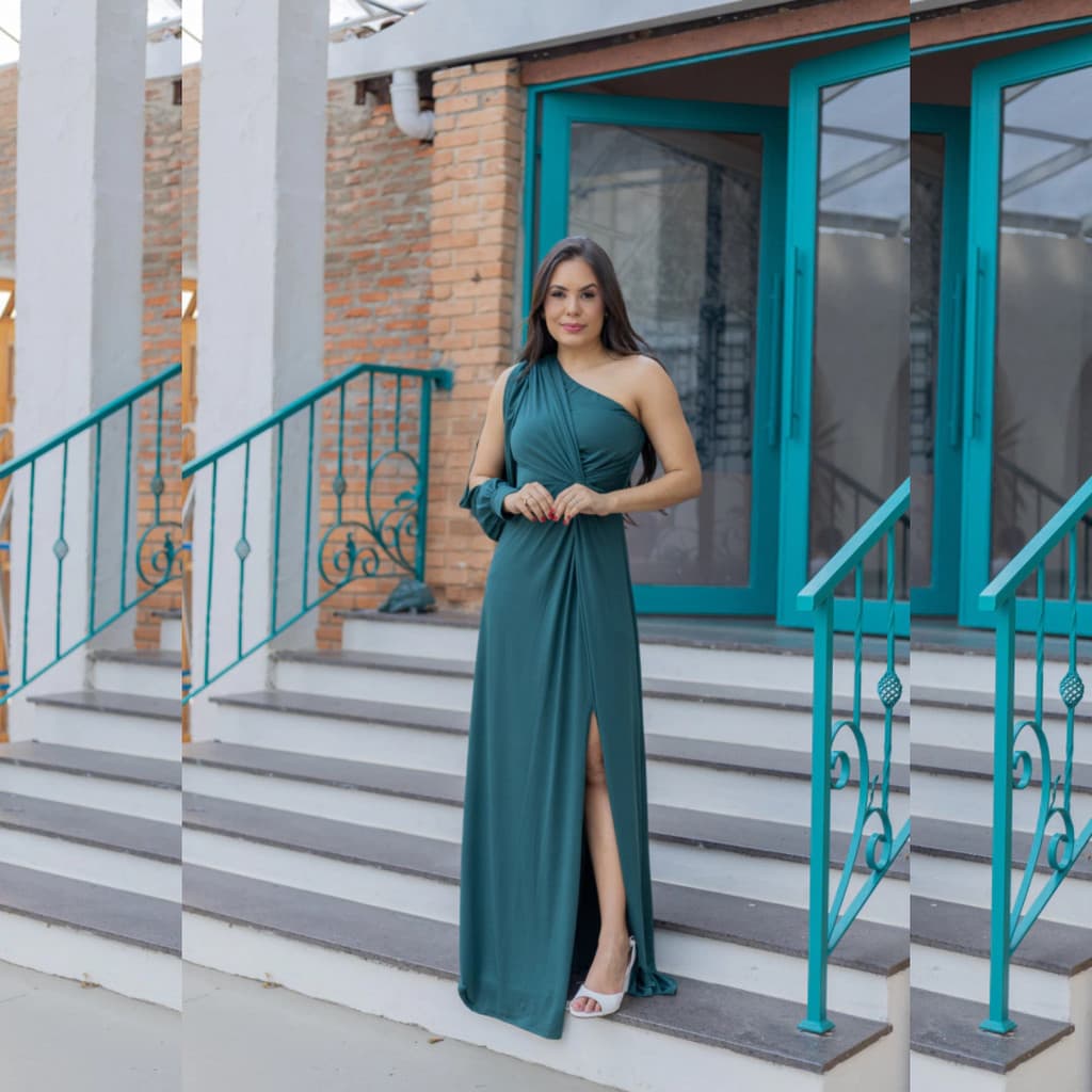 Vestido Longo Verde Bandeira Elegante Um Ombro Só Fenda Drapeado Feminino Festa Formatura Casamento