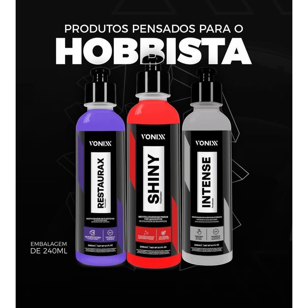 KIT HOBBY VONIXX SHINY INTENSE E RESTAURAX PRETINHO RESTAURADOR DE PLÁSTICOS E DE PAINEL 240ML