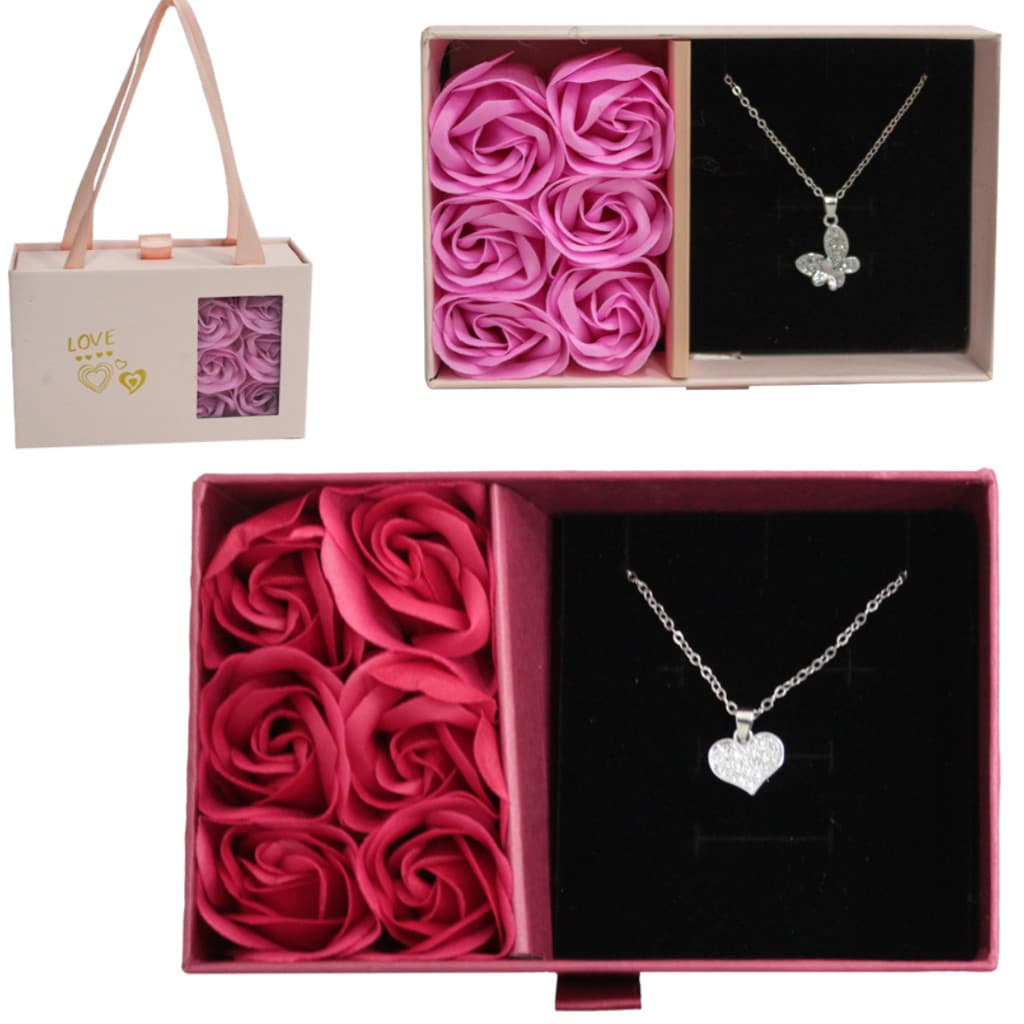 PORTA JOIAS COM 6 ROSAS LOVE + COLAR DE BORBOLETA OU CORAÇÃO NA SACOLA ELEGANTE SOFISTICADO 15X9,5X5CM