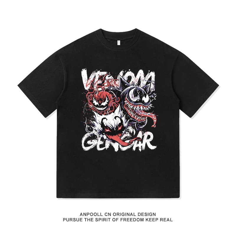 BEAST FASHION 2025 Novo Camiseta de Manga Curta Casual Masculina com Estampa Estilo Grunge e "VENOM" e "GENGAR"