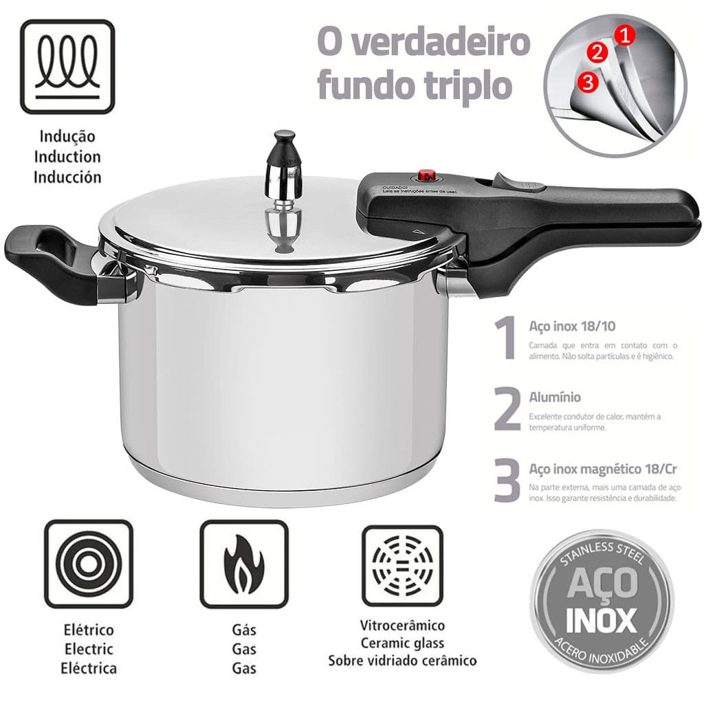 Panela de Pressão Tramontina Brava 6 litros em Aço Inox com Fundo Triplo 22 cm