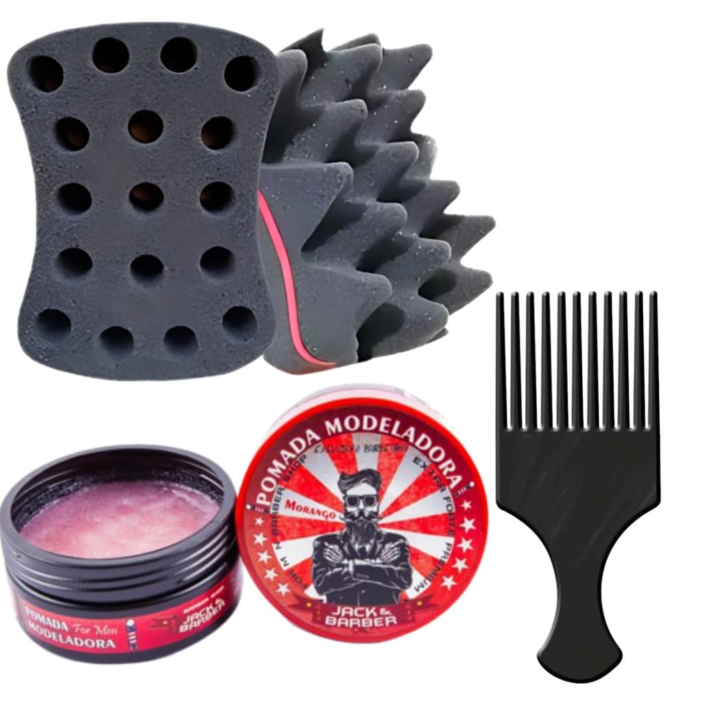 kit Esponja Nudred Dupla Enrolar Cabelos P M G + Cera + Pente Afro