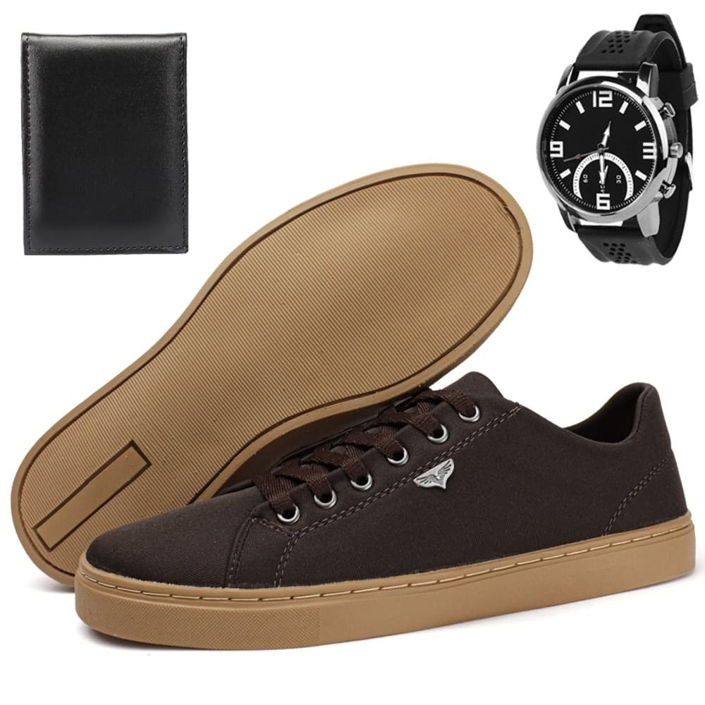 Kit Sapatênis Casual Masculino e Carteira Básica e Relógio Ponteiro