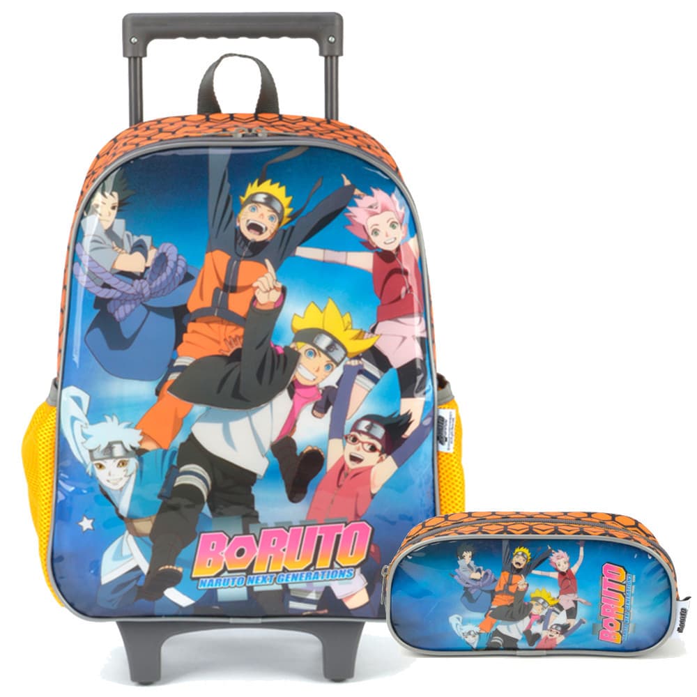 Kit Mochila de Rodinha e Estojo Boruto Naruto Laranja