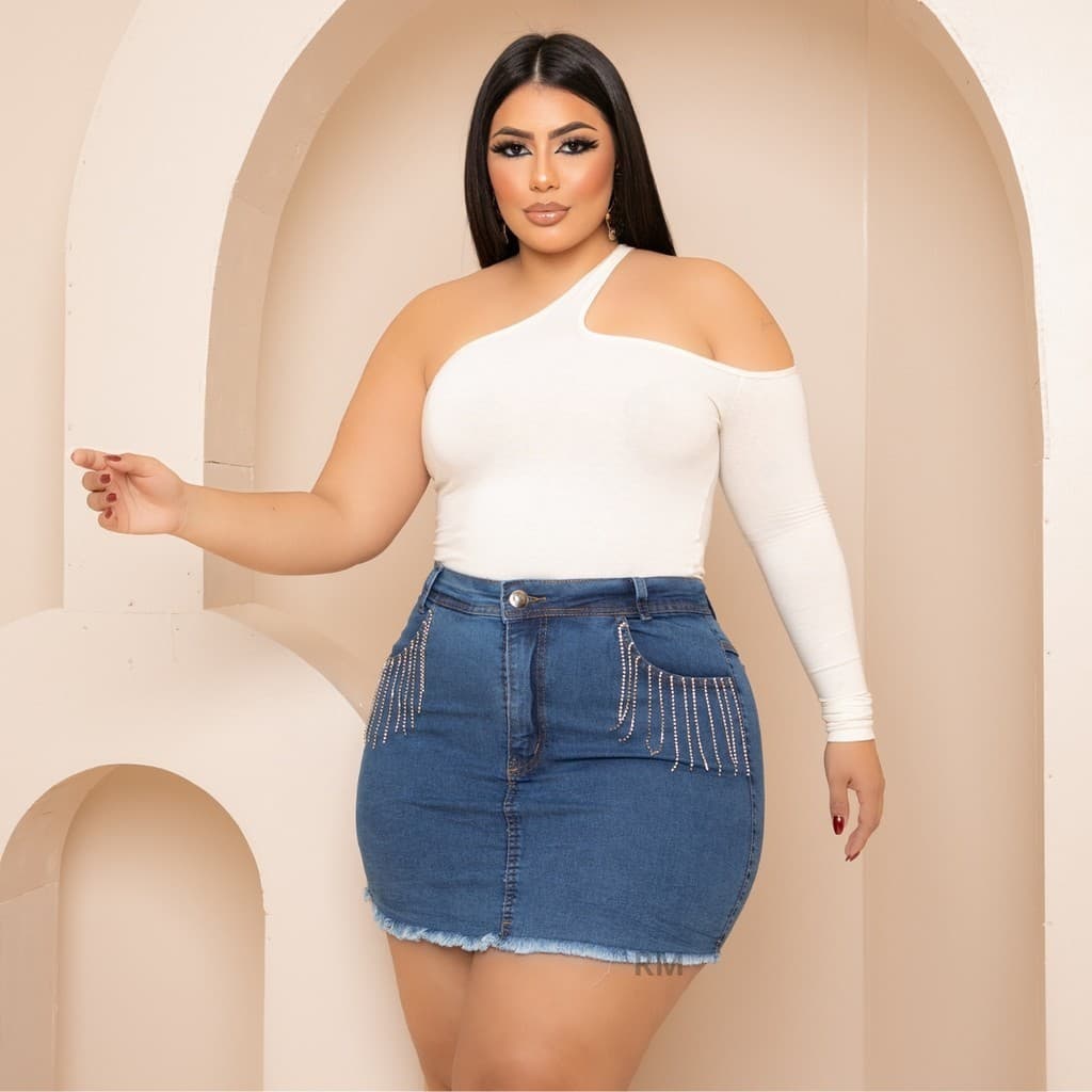 saia jeans feminina plus size com lycra detalhada com strass barra desfiada