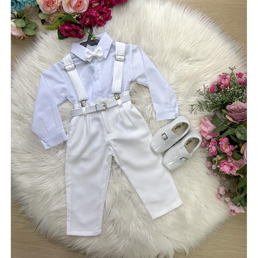 Conjunto Social Infantil Juvenil Menino Terno Suspensório Branco Casamento Formatura Noivo Festa Luxo Elegante