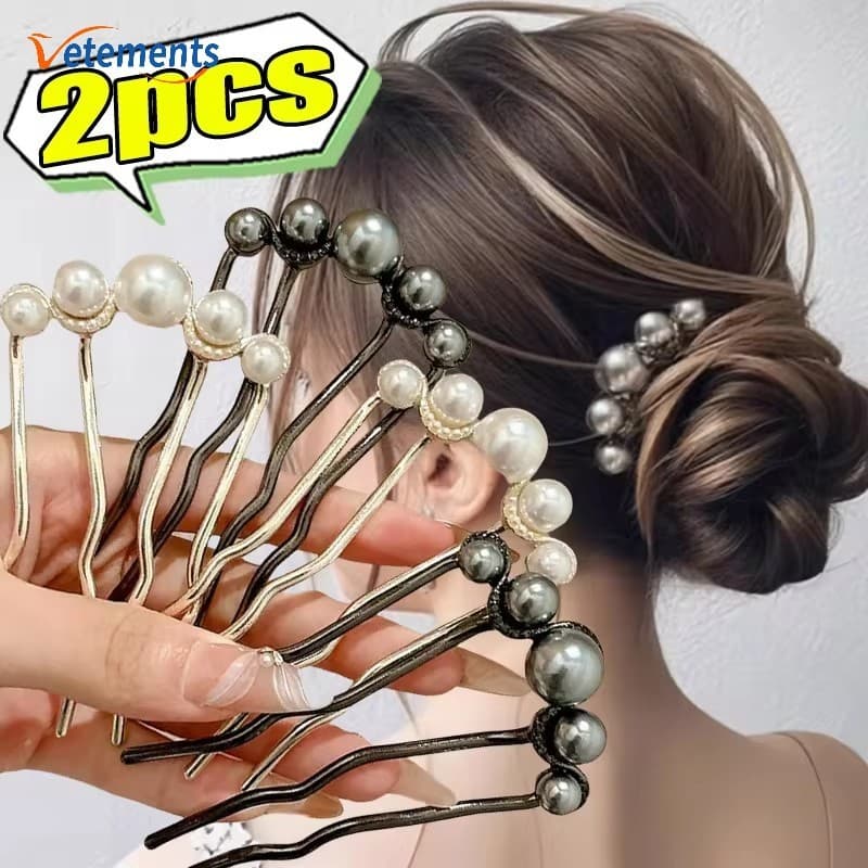 2Pcs Garfo Coreano Wave Pearl Hair Fork-Elegante Grampos De Cabelo Em Forma De U Dourados-Acessórios Para Festa De Casamento Feminina Styling