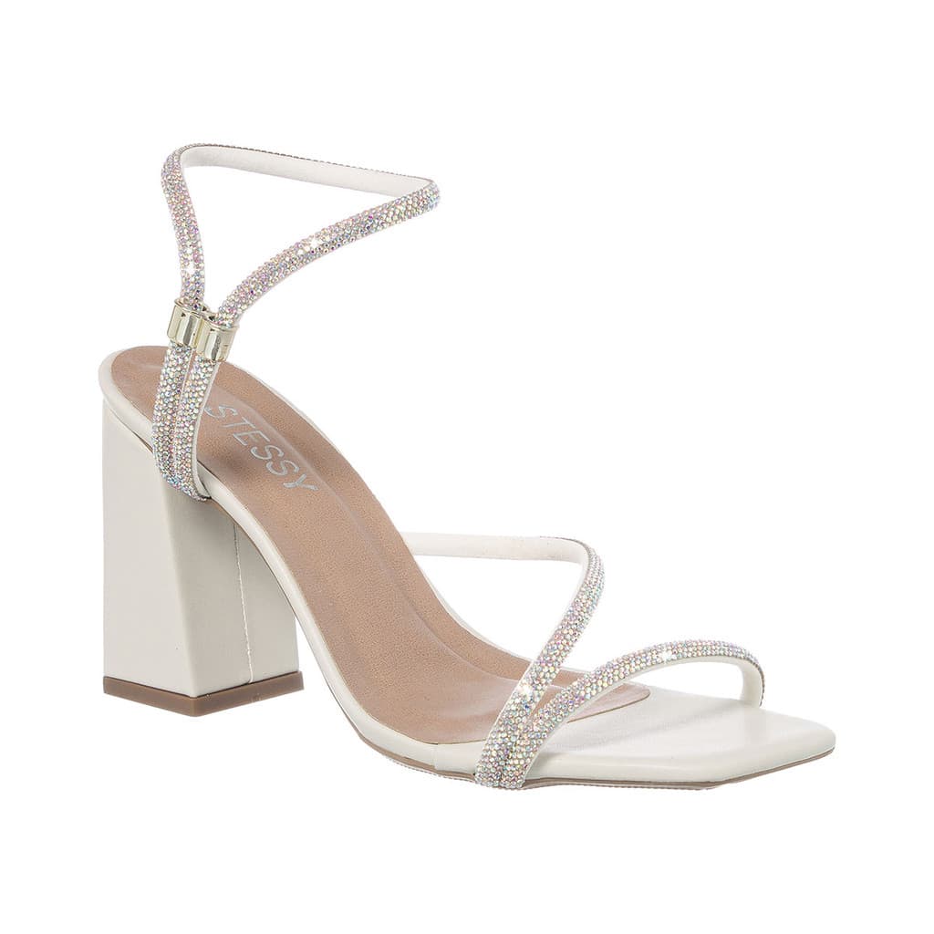 Sandália Feminina Stessy Shoes Salto Alto Grosso Strass Brilho Cristal Calce Fácil Confortável