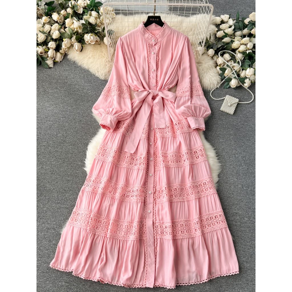Vestido Elegante Francês De Primavera Sentido De design Feminino Saia Longa De Renda Vazada patchwork Manga Bolha Férias