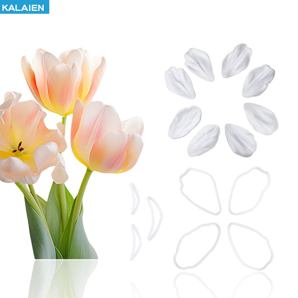 Conjunto de 11 Moldes de Silicone para Fondant em Forma de Flor de Tulipa, Cortadores de Plástico para Decoração de Bolo