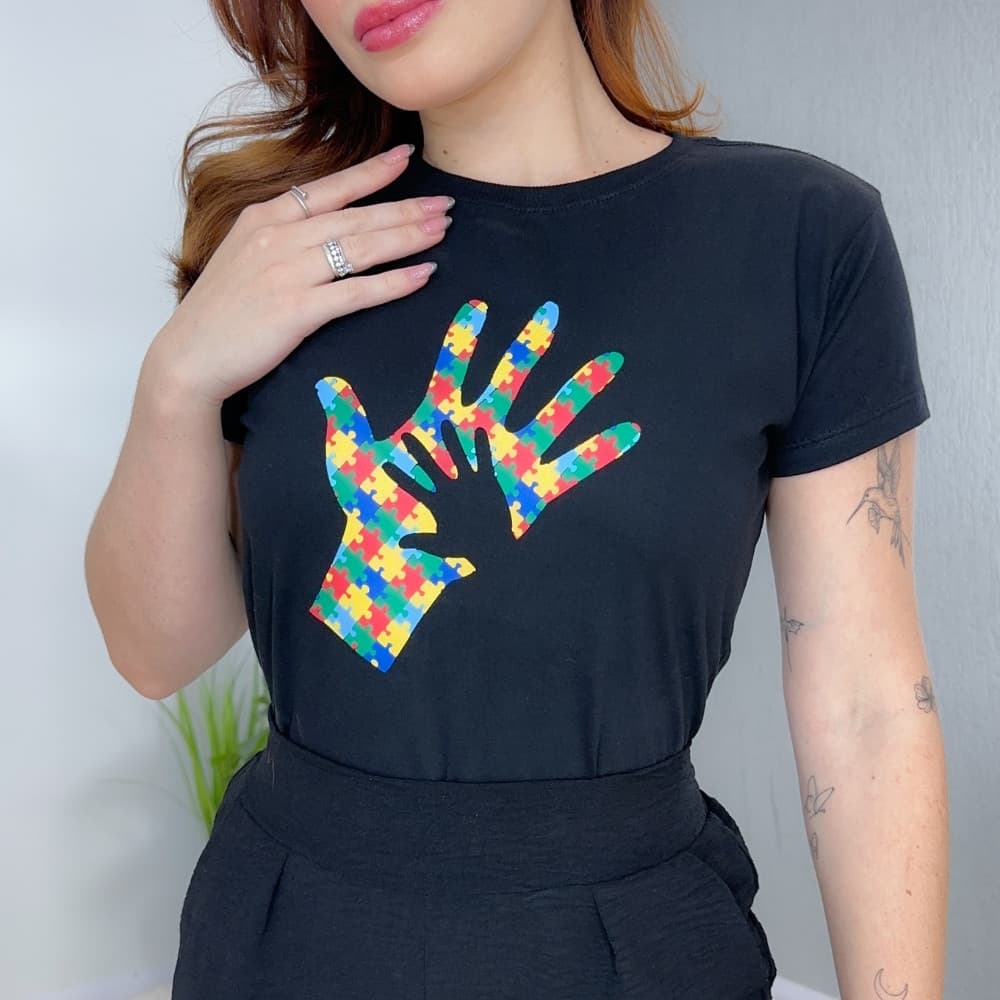 Blusa Tshirt Autismo Feminina Preta Algodão Camiseta Autista