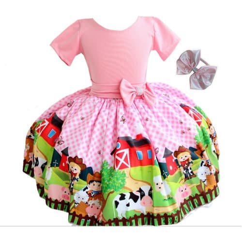 Vestido Infantil Festa Fazendinha Animas Fazenda Rosa Com Tiara.