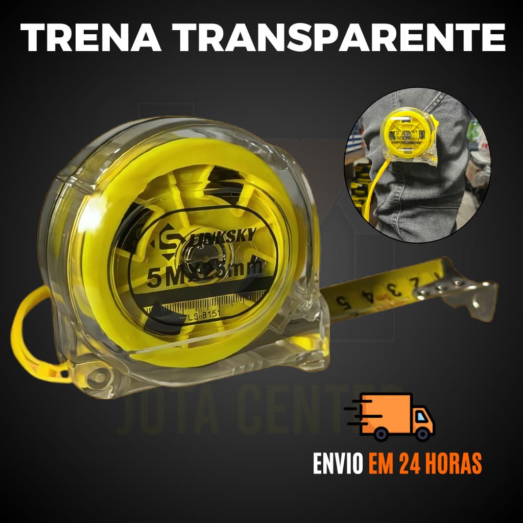 Trena Métrica 5 Metros Transparente Fita de Aço Profissional com Trava