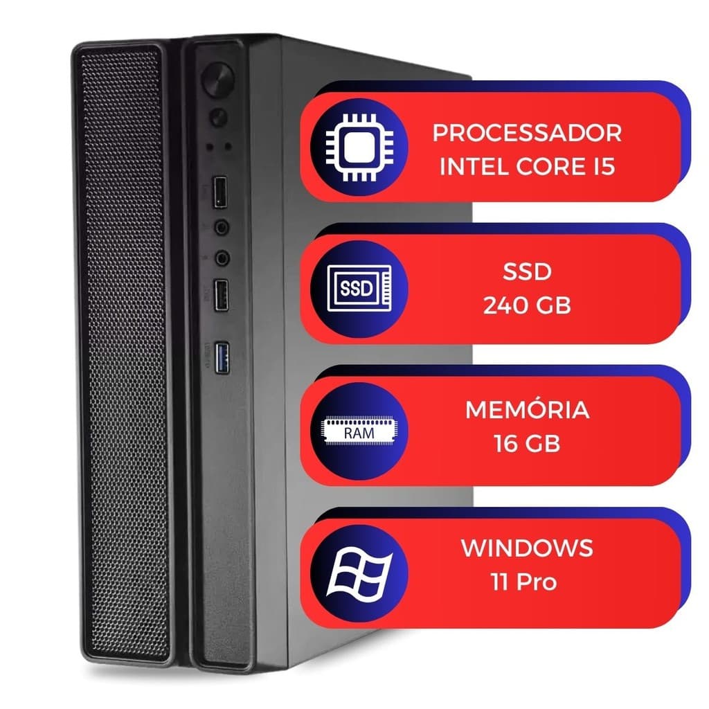 Mini Computador Slimdesk Case MultiPC Intel i5 16GB SSD 240GB W11 Ultra Rápido, Compacto, Ideal p/ Trabalho e Estudo