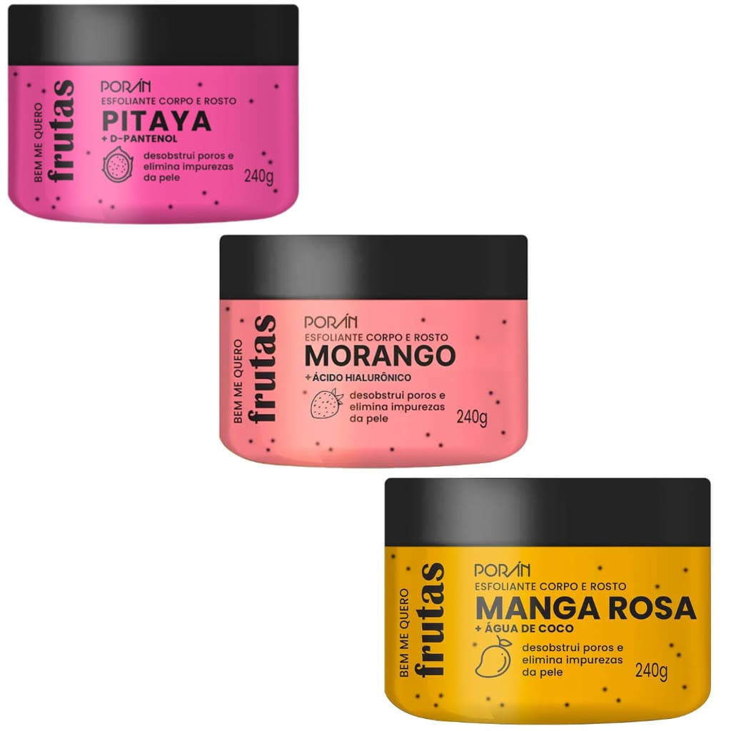 KIT 3 ESFOLIANTES PARA CORPO E ROSTO 240G PORAN PITAYA, MANGA ROSA, MORANGO