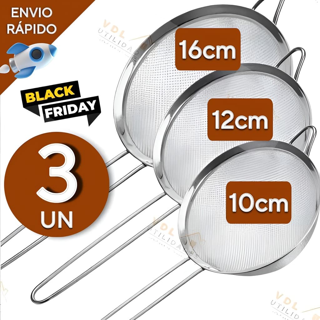 Jogo de 3 Ou 2 Ou 1 Peneira Coador Manual Em Aço Inox Para Cozinha 10cm 12cm 16cm