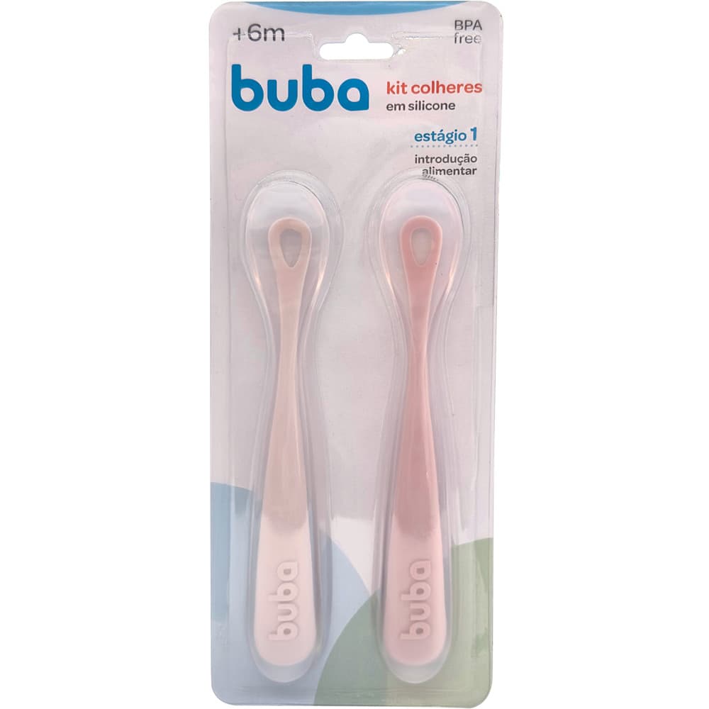 Kit 2 Colher Silicone Fase 1 Buba Introdução Alimentar Bebê Papinha Alimentação Bebe Menina Rosa Colheres Buba