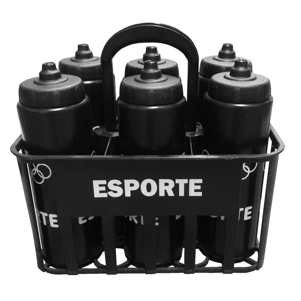 Kit c/6 Squeeze + Cesta Porta Garrafas Preta Bico Automático