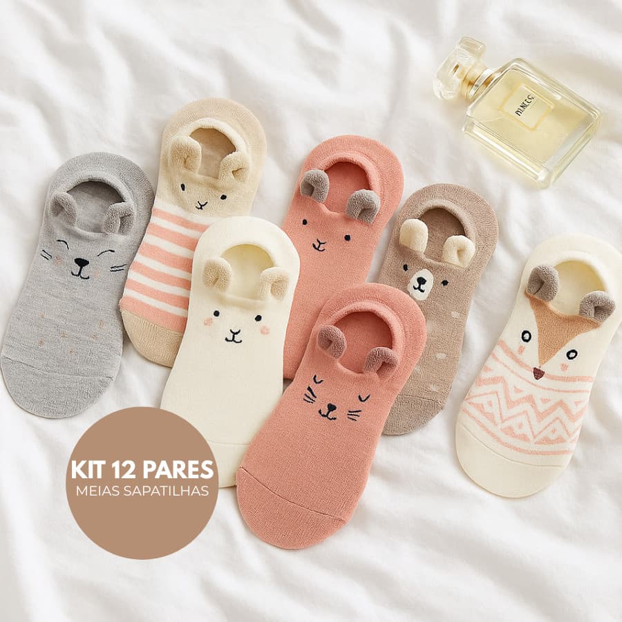 KIT 12 Pares Meia Sapatilha Feminina Adulto Algodão Menino Bichinhos Infantil Cano Curto Menina
