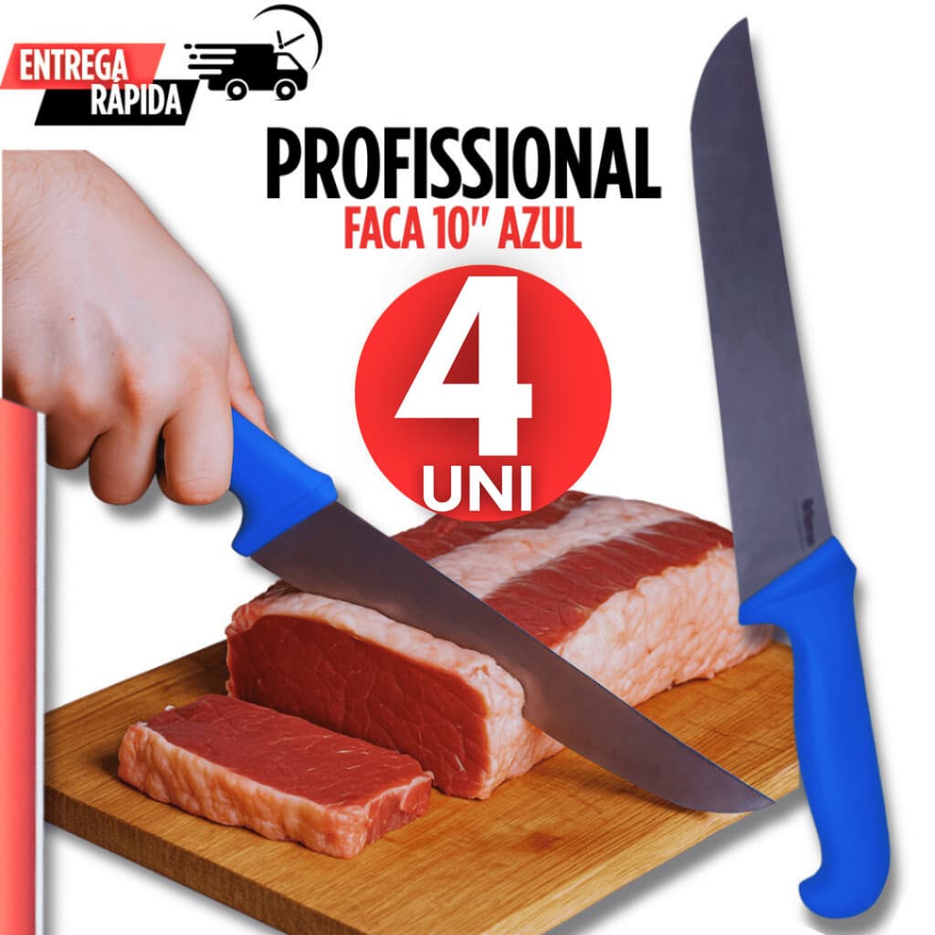 Kit 4/3/2/1 Faca Facas Carne Açougue Churrasco Profissional 10" Corneta Premium Cor Azul Linha Premium