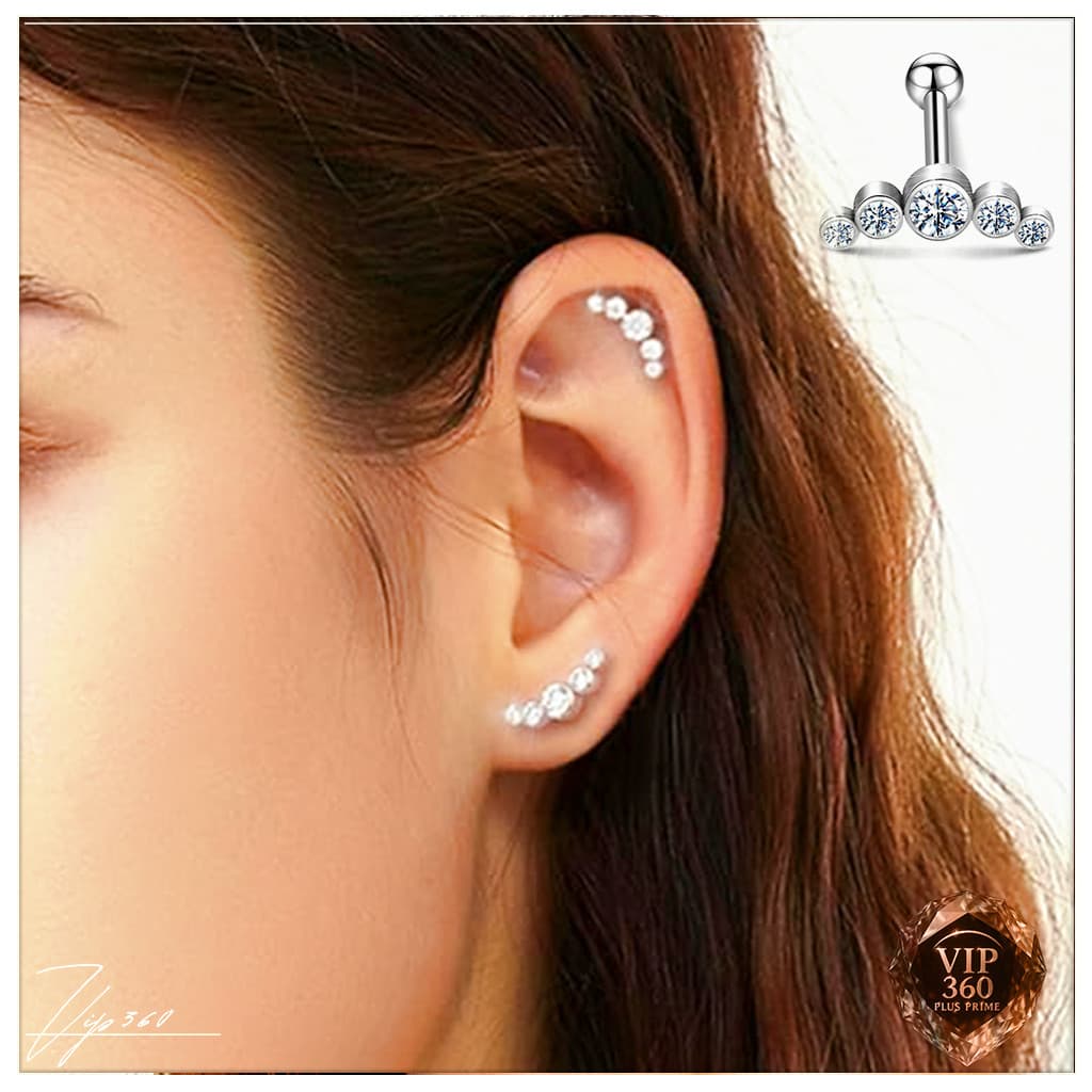 Piercing Aço Cirúrgico com Strass Brilhantes para Helix, Flat, Conch, Tragus, Lóbulo/Fecho Rosqueado