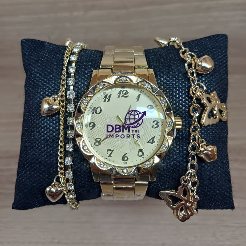 Relógio Feminino Dourado + Pulseiras Luxo