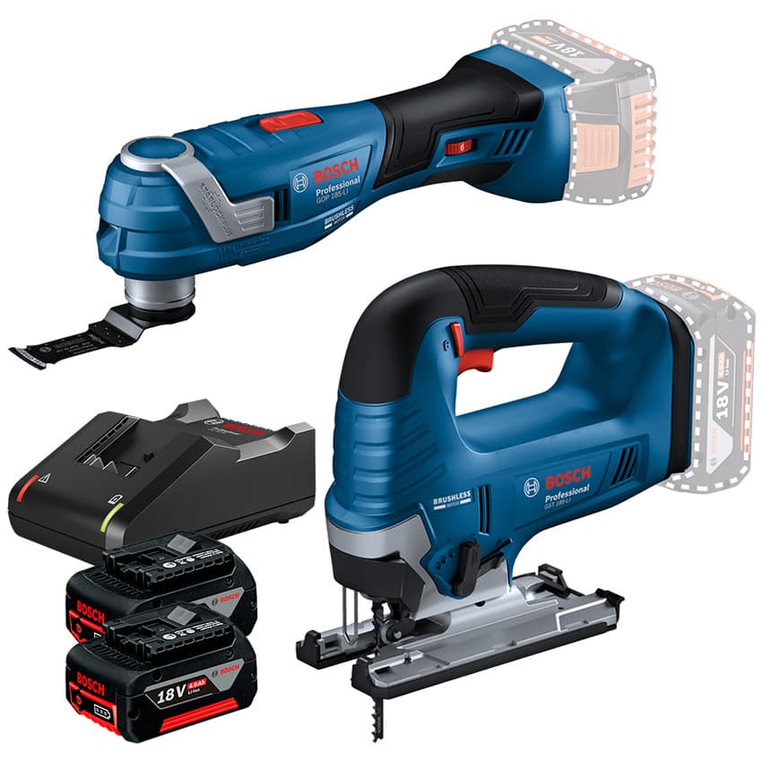 Kit Multicortadora Oscilante GOP 185-LI + Serra Tico-Tico GST 185-LI + 2 Bateria 4Ah + Carregador Rápido Bosch